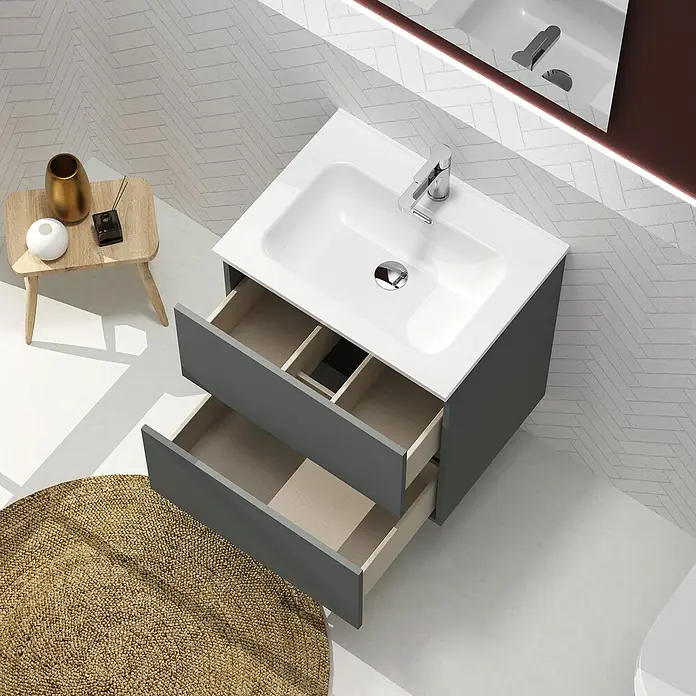 Artysan Conjunto de mueble de baño Harmony - Ancho: 60 cm, Gris oscuro, 3 pzs. - Mueble de baño gris con dos cajones y lavabo sobre encimera blanco. Estilo moderno para baños.