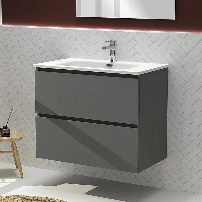 Artysan Conjunto de mueble de baño Harmony - Ancho: 80 cm, Gris oscuro, 3 pzs. - Un moderno mueble de baño gris con dos cajones y un lavabo blanco. Perfecto para cualquier baño.