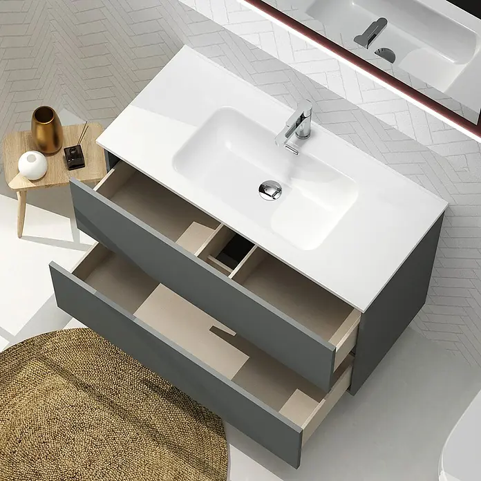 Artysan Conjunto de mueble de baño Harmony - Ancho: 100 cm, Gris oscuro, 3 pzs. - La imagen muestra un mueble de baño moderno con dos cajones abiertos y un lavabo blanco.