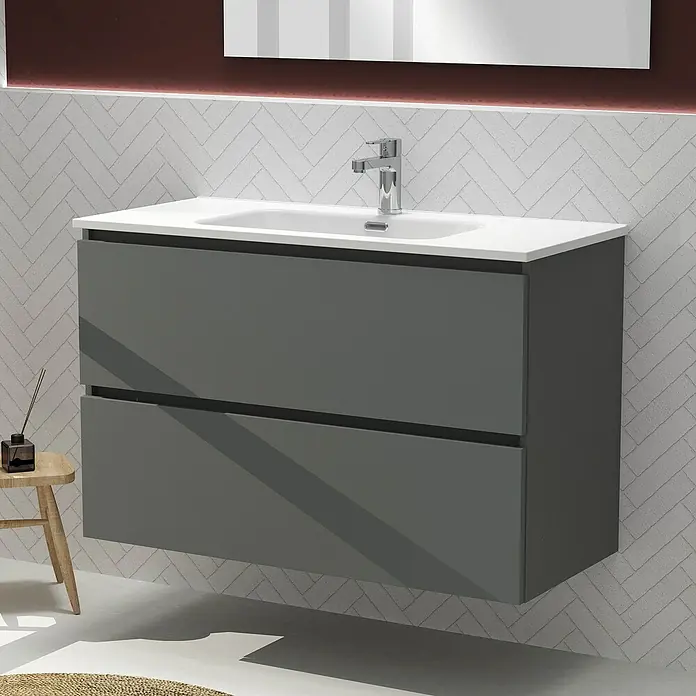 Artysan Conjunto de mueble de baño Harmony - Ancho: 100 cm, Gris oscuro, 3 pzs. - La imagen muestra un mueble de baño gris con dos cajones y un lavabo blanco, ideal para baños modernos.