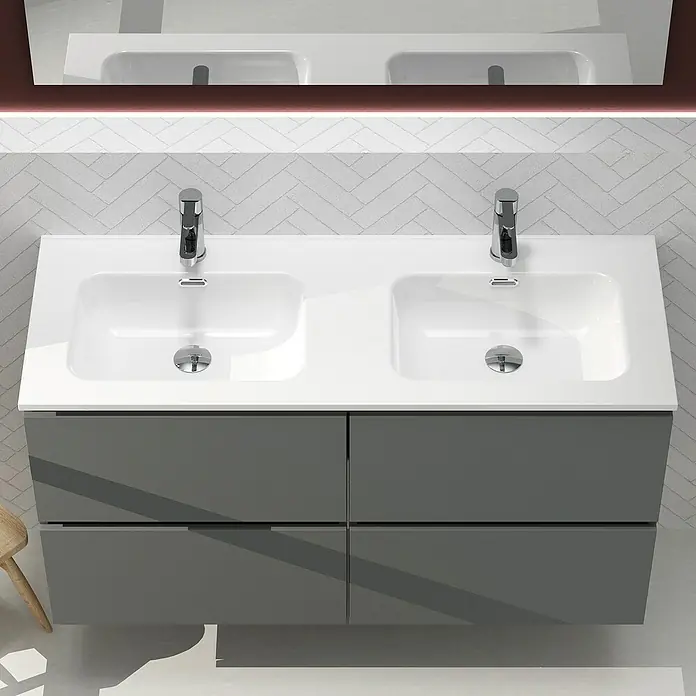 Artysan Conjunto de mueble de baño Harmony - Ancho: 120 cm, Gris oscuro, 3 pzs. - Mueble de baño moderno doble en gris con lavabos blancos y grifos minimalistas, ideal para un baño elegante y funcional.