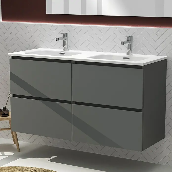 Artysan Conjunto de mueble de baño Harmony - Ancho: 120 cm, Gris oscuro, 3 pzs. - Tocador doble con armarios bajos grises y lavabos blancos, complementado con accesorios modernos y un diseño de pared elegante.