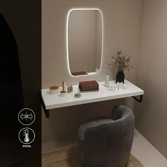Artysan Espejo con luz - An x Al: 45 x 80 cm, LED, 9 W, Función antivaho - Un tocador moderno con espejo iluminado con LED y un elegante taburete gris para una experiencia de belleza perfecta.