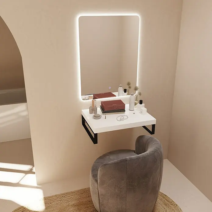 Artysan Espejo con luz - An x Al: 60 x 80 cm, LED, 36 W, Función antivaho - Tocador moderno con espejo iluminado y silla de terciopelo gris, ideal para un diseño de habitación elegante y funcional.