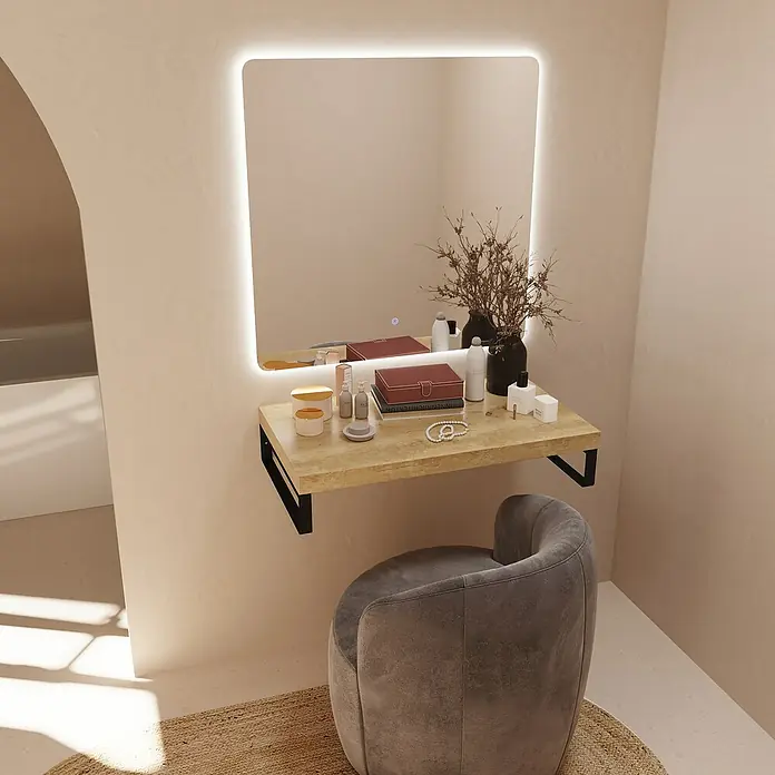 Artysan Espejo con luz - An x Al: 80 x 80 cm, LED, 36 W, Función antivaho - Un tocador moderno con espejo iluminado, encimera de madera y silla gris. El mueble perfecto para la rutina de belleza diaria.