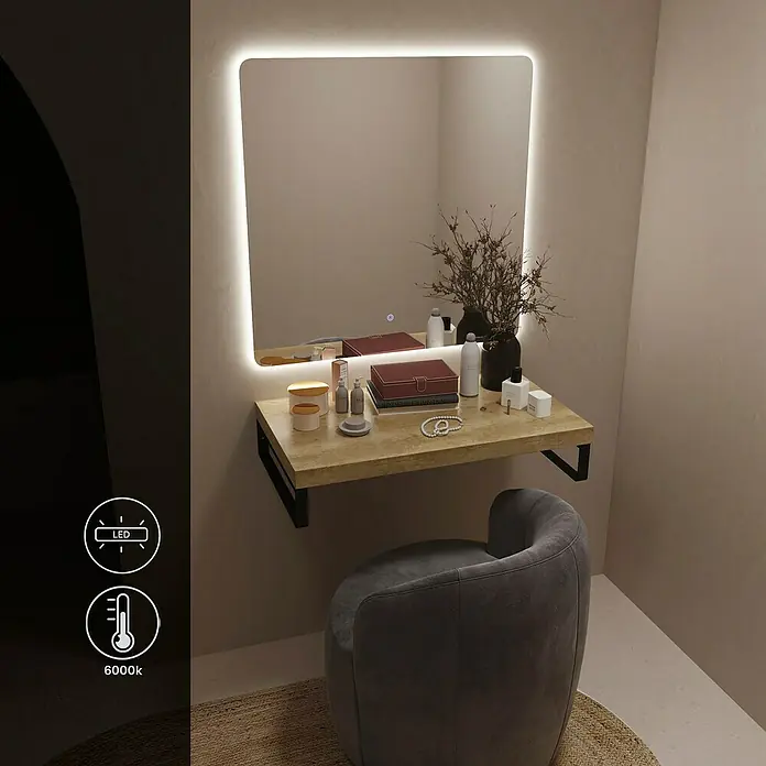 Artysan Espejo con luz - An x Al: 80 x 80 cm, LED, 36 W, Función antivaho - Un tocador moderno con espejo iluminado con LED y una silla gris, que ofrece una solución de espacio elegante y funcional.