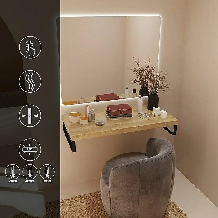 Artysan Espejo con luz - An x Al: 100 x 80 cm, LED, 36 W, Función antivaho - Un tocador moderno con espejo iluminado con LED, ideal para tu rutina de belleza diaria. Su diseño elegante encaja perfectamente en cualquier dormitorio moderno.