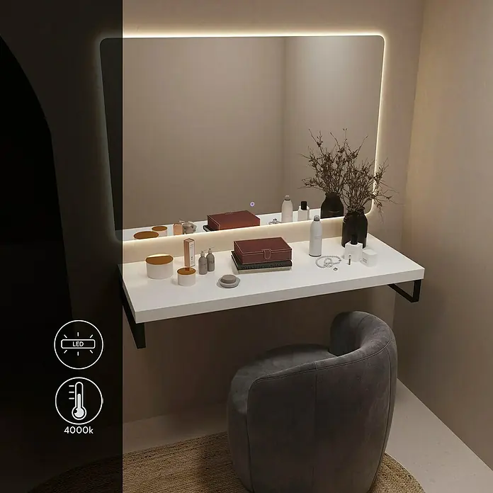 Artysan Espejo con luz - An x Al: 120 x 80 cm, LED, 36 W, Función antivaho - Tocador moderno con espejo iluminado por LED, ideal para rutinas de belleza elegantes. El complemento perfecto para cualquier dormitorio.