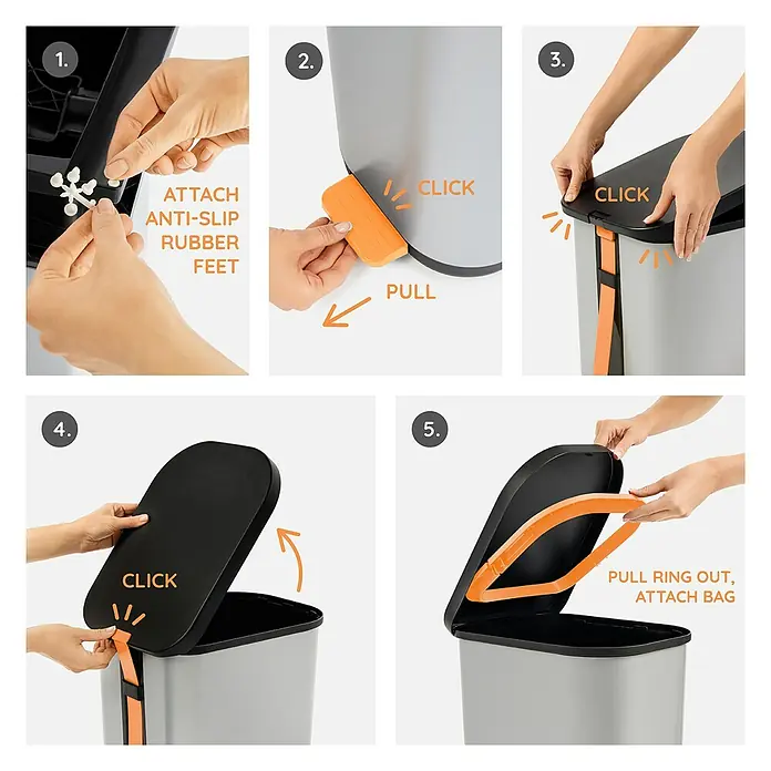 Rotho Treteimer Ribo - 35 l, Kunststoff, Silber/Schwarz - Schritt-für-Schritt-Anleitung zur Montage eines grauen Treteimer, inklusive Anbringen der Füße, des Deckels und des Müllbeutelhalters.