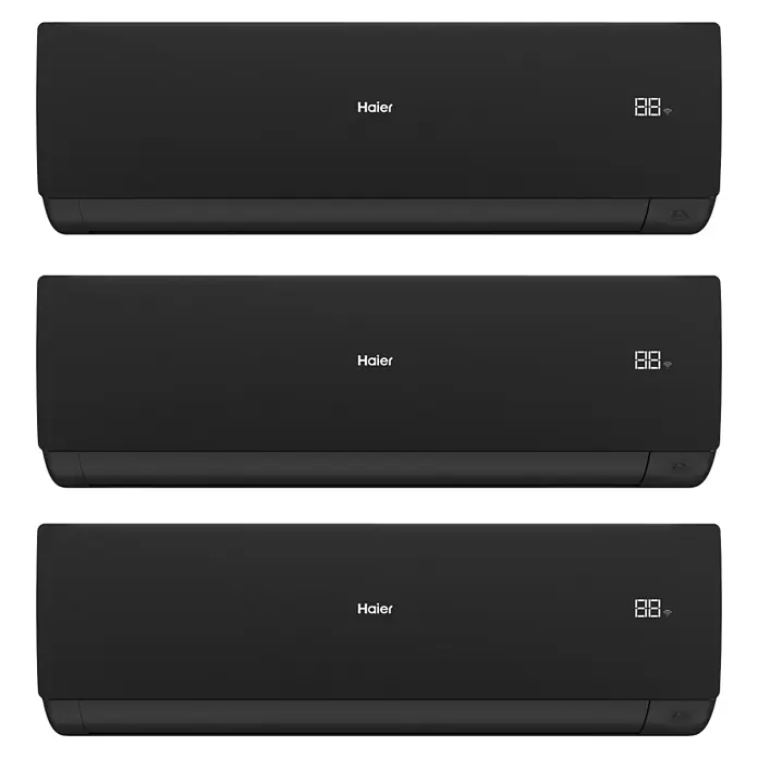 Haier Aire acondicionado Inverter Flexis-S 3x1 - 3.500 W, 4.200 W, 20 m² - 30 m², Negro - Tres aires acondicionados Haier negros que combinan tecnología de refrigeración moderna y diseño elegante.