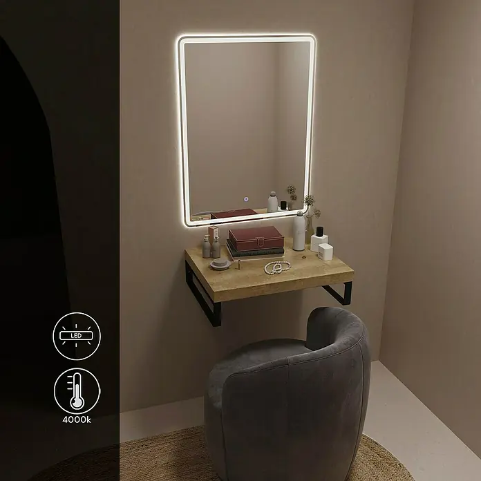 Artysan Espejo con luz - An x Al: 60 x 80 cm, LED, 24 W - Un tocador elegante con un espejo iluminado con LED, perfecto para tu rutina de belleza diaria. El taburete y los tonos cálidos crean un ambiente acogedor.