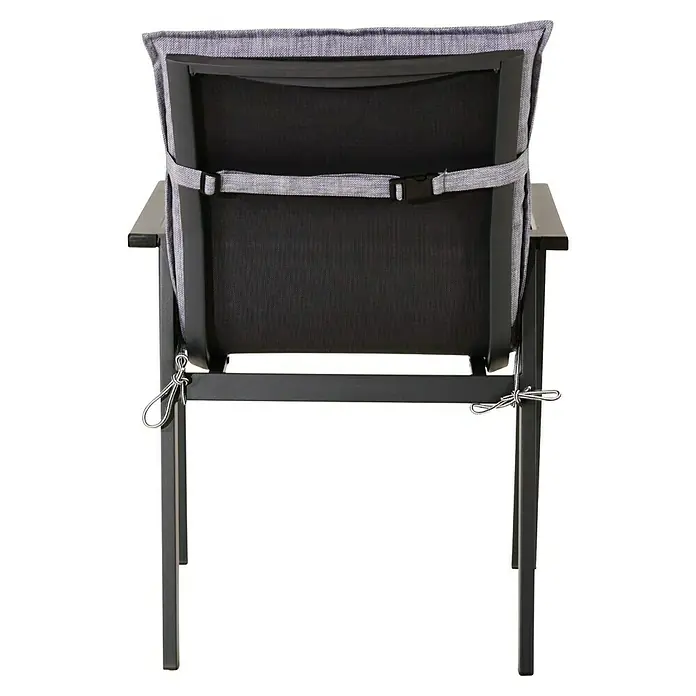 Bonlay Niederlehner-Auflage - L x B x H: 95 x 50 x 6 cm, Polyester 230 g/m², Blau/Anthrazit - Ansicht von hinten auf einen Terrassenstuhl aus Metall und Stoff mit verstellbarem Gurt zur einfachen Aufbewahrung des zusammengeklappten Stuhls.