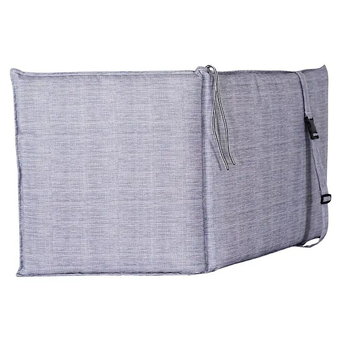 Bonlay Gartenmöbel-Auflage - Standard, L x B x H: 109 x 50 x 6 cm, Polyester 230 g/m², Blau/Anthrazit - Nahaufnahme eines grauen, gepolsterten Sitzkissens mit Schnüren und Schnalle zur Befestigung. Ideal für den Garten oder den Innenbereich.