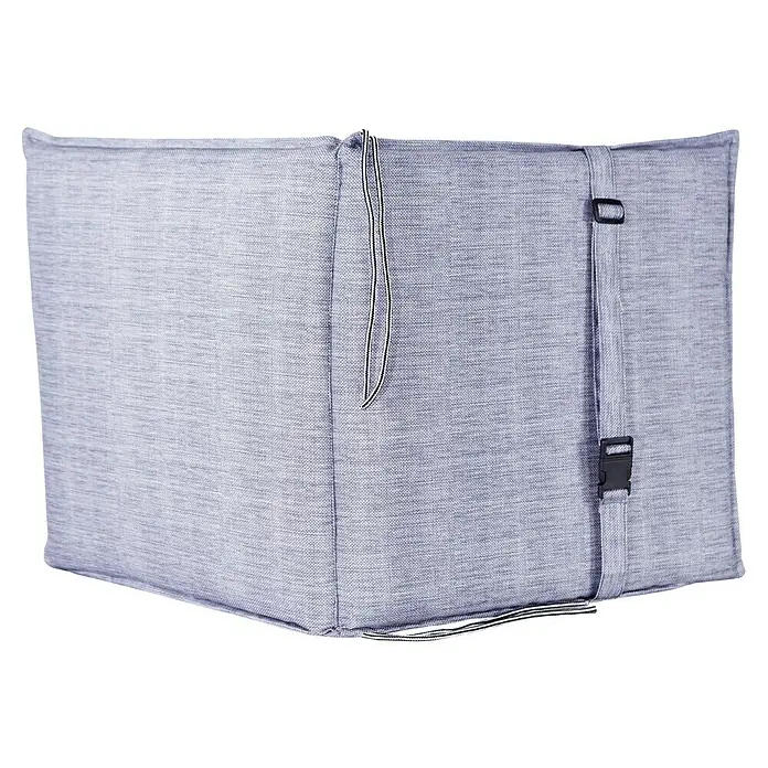 Bonlay Niederlehner-Auflage - L x B x H: 95 x 50 x 6 cm, Polyester 230 g/m², Blau/Anthrazit - Naheaufnahme einer grauen, würfelförmigen Aufbewahrungsbox mit Riemen und Verschluss, ideal für die ordentliche Aufbewahrung von Gegenständen.