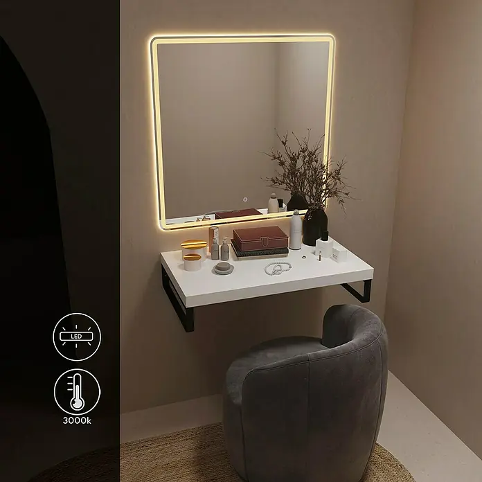 Artysan Espejo con luz - An x Al: 80 x 80 cm, LED, 24 W - Un elegante tocador de pared con espejo iluminado con LED y taburete gris. Perfecto para dormitorios contemporáneos.