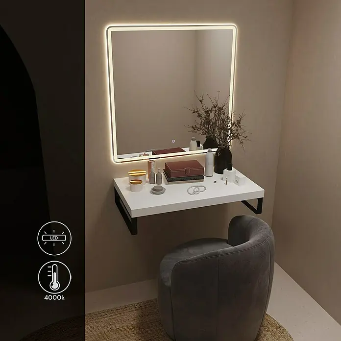 Artysan Espejo con luz - An x Al: 80 x 80 cm, LED, 24 W - Elegante tocador iluminado con espejo y taburete gris cómodo.