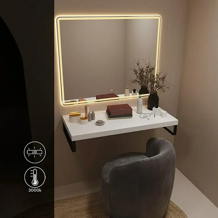 Artysan Espejo con luz - An x Al: 100 x 80 cm, LED, 24 W - Este tocador con espejo iluminado con LED y silla gris ofrece un diseño elegante y moderno para tu dormitorio.