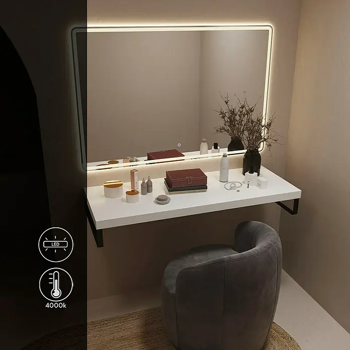 Artysan Espejo con luz - An x Al: 100 x 80 cm, LED, 24 W - Esta mesa de tocador cuenta con un espejo iluminado con LED, una encimera blanca y un taburete gris. Ideal para la rutina de belleza diaria.