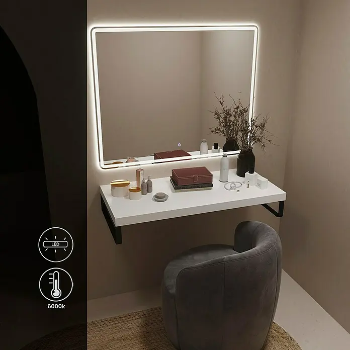 Artysan Espejo con luz - An x Al: 100 x 80 cm, LED, 24 W - Una mesa de tocador moderna con espejo iluminado. El diseño es minimalista y elegante, perfecto para dormitorios modernos.