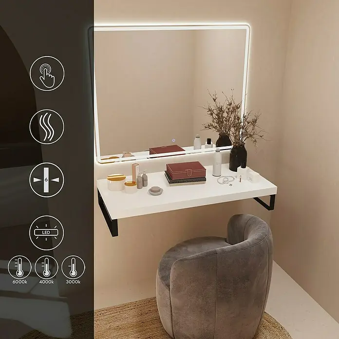 Artysan Espejo con luz - An x Al: 100 x 80 cm, LED, 24 W - Una mesa de maquillaje moderna con espejo iluminado y silla gris. La mesa ofrece una superficie elegante para cosméticos.