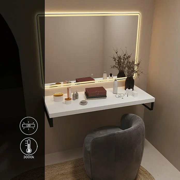 Artysan Espejo con luz - An x Al: 120 x 80 cm, LED, 24 W - Tocador moderno con espejo iluminado y elegante silla gris, ideal para la decoración del dormitorio.