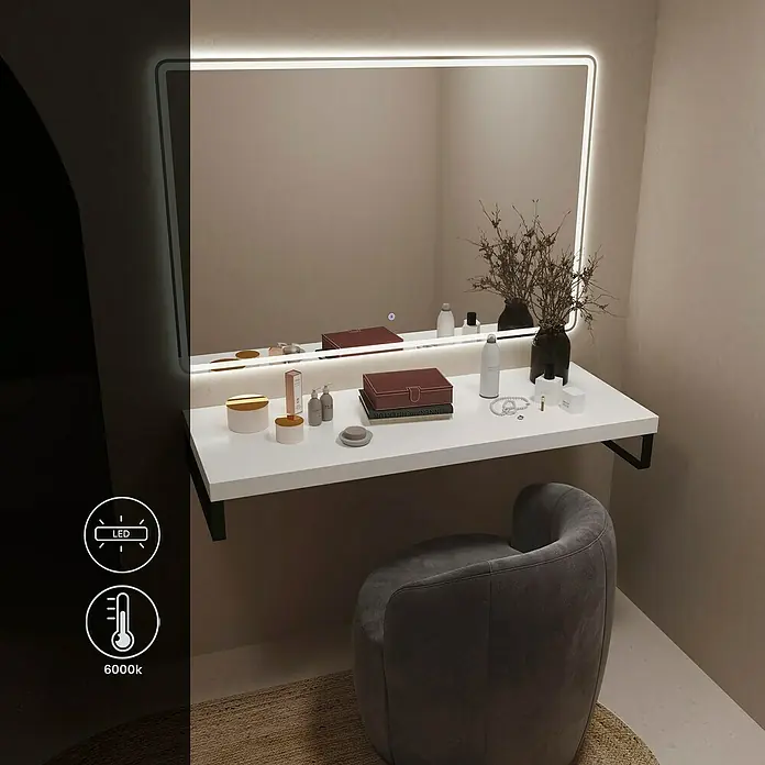 Artysan Espejo con luz - An x Al: 120 x 80 cm, LED, 24 W - El tocador iluminado LED con espejo y taburete ofrece una iluminación óptima para el maquillaje. El diseño limpio encaja perfectamente en cualquier habitación.