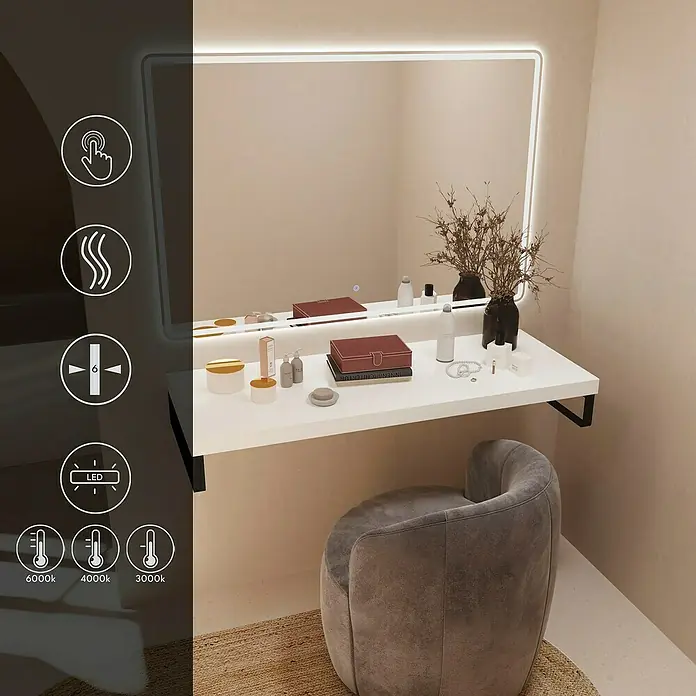 Artysan Espejo con luz - An x Al: 120 x 80 cm, LED, 24 W - Un elegante tocador con espejo iluminado, luces LED y funciones táctiles. Un moderno punto culminante para cualquier dormitorio.