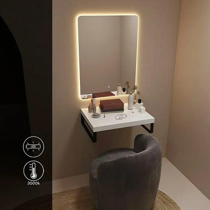 Artysan Espejo con luz - An x Al: 60 x 80 cm, LED, 36 W, Función antivaho - La imagen muestra un elegante tocador con espejo iluminado con LED, ideal para la rutina diaria de belleza. El taburete ofrece comodidad.