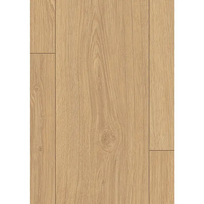 Laminat - Marvolo Eiche, Landhausdiele, 1.292 x 193 x 8 mm - Holzfußbodenmuster: Ein detailreiches Bild von hellbraunem Laminatboden mit Maserung und Holzknoten.