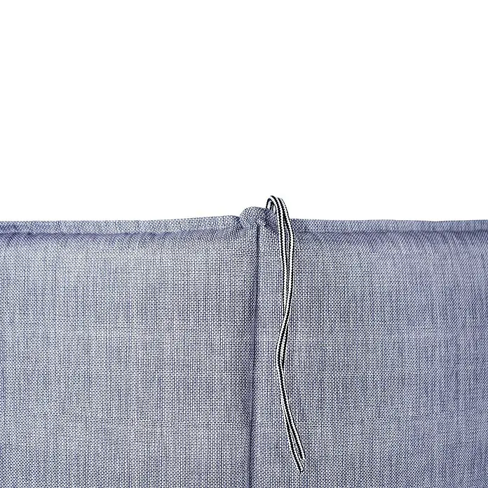 Bonlay Gartenmöbel-Auflage - Hochlehner, L x B x H: 120 x 50 x 6 cm, Polyester 230 g/m², Blau/Anthrazit - Nahaufnahme eines blauen Stoffkissens mit einem Band. Das Kissen hat eine feine Textur und das Band ist schwarz-weiß gestreift.
