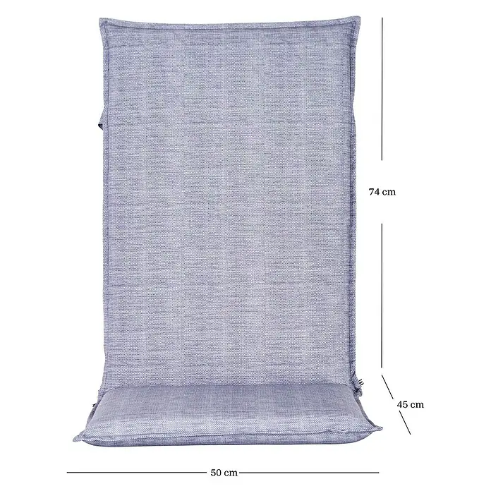 Bonlay Gartenmöbel-Auflage - Hochlehner, L x B x H: 120 x 50 x 6 cm, Polyester 230 g/m², Blau/Anthrazit - Bild eines blauen Stuhlkissens mit den Maßen 74 cm Länge, 45 cm Höhe und 50 cm Breite.
