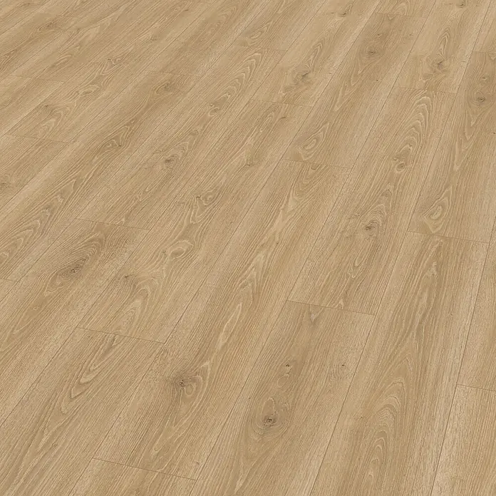 Laminat - Ruspino Eiche natur, Landhausdiele, 1.292 x 193 x 7 mm - Helles Laminat mit Holzstruktur. Ideal für Wohnräume, die Wärme und Natürlichkeit ausstrahlen sollen. Abriebfest und pflegeleicht.