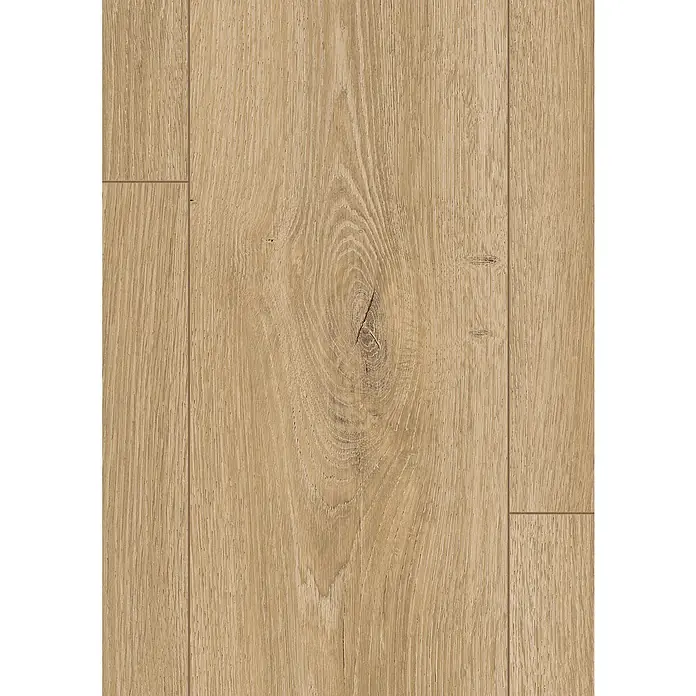 Laminat - Ruspino Eiche natur, Landhausdiele, 1.292 x 193 x 7 mm - Nahaufnahme von hellem Eichenparkett mit natürlicher Maserung und Astlöchern, ideal für moderne Innenräume.