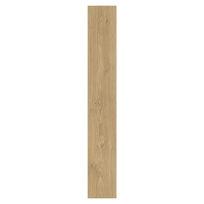 Laminat - Ruspino Eiche natur, Landhausdiele, 1.292 x 193 x 7 mm - Nahaufnahme eines einzelnen hellbraunen Eichenholz-Parkettstabes mit deutlicher Maserung für ein natürliches Bodendesign.