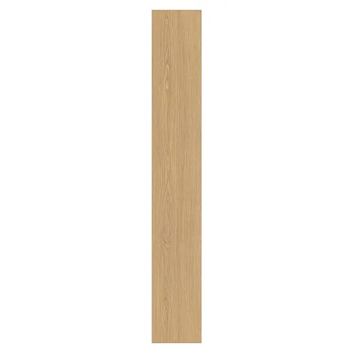 Laminat - Marvolo Eiche, Landhausdiele, 1.292 x 193 x 8 mm - Nahaufnahme einer einzelnen Holzdiele mit ausgeprägter Maserung und einer warmen, hellbraunen Farbe. Ideal für Bodenbeläge oder Wandverkleidungen.