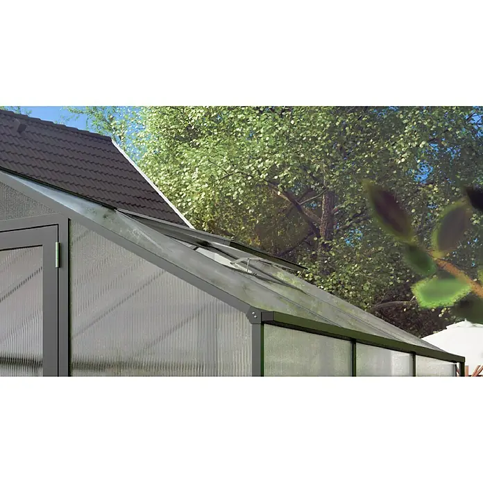 KGT Gewächshaus-Dachfenster - Anthrazitgrau, Passend für: KGT Gewächshaus Rose/Orchidee/Lilie - Nahaufnahme eines Gewächshauses mit Dachfenstern und transparenten Paneelen, umgeben von üppigem Grün. Perfekt für Gartenliebhaber.