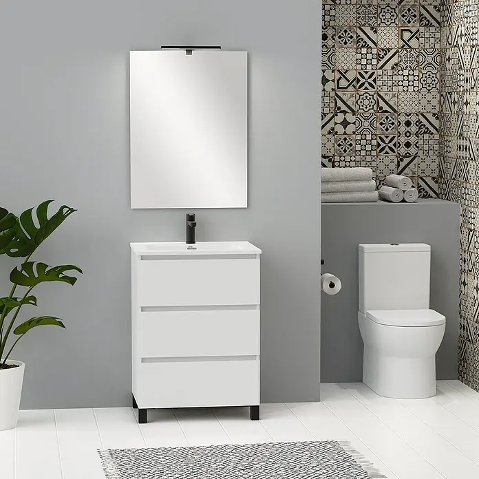 Artysan Conjunto de mueble de baño Neeko - Ancho: 60 cm, Blanco, 3 pzs. - Un baño moderno con un mueble de lavabo blanco de tres cajones y un espejo elegante.