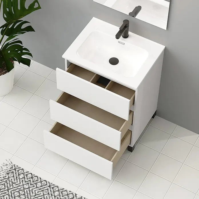 Artysan Conjunto de mueble de baño Neeko - Ancho: 60 cm, Blanco, 3 pzs. - Mueble de baño con lavabo y cajones abiertos para los elementos esenciales del baño, ideal para un baño elegante.