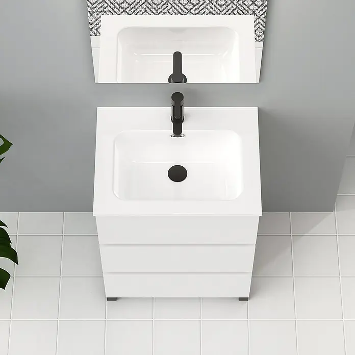 Artysan Conjunto de mueble de baño Neeko - Ancho: 60 cm, Blanco, 3 pzs. - Moderna combinación de lavabo con mueble blanco y grifo negro para un diseño de baño elegante. Espejo incluido en la foto del producto.