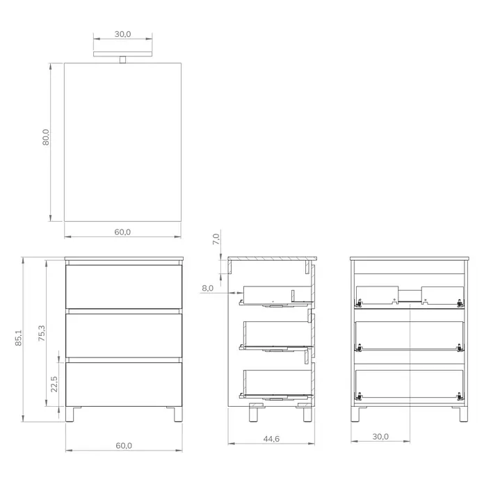 Artysan Conjunto de mueble de baño Neeko - Ancho: 60 cm, Teka, 3 pzs. - Dibujo técnico de un mueble de baño con tres cajones y las dimensiones para la planificación de un baño.