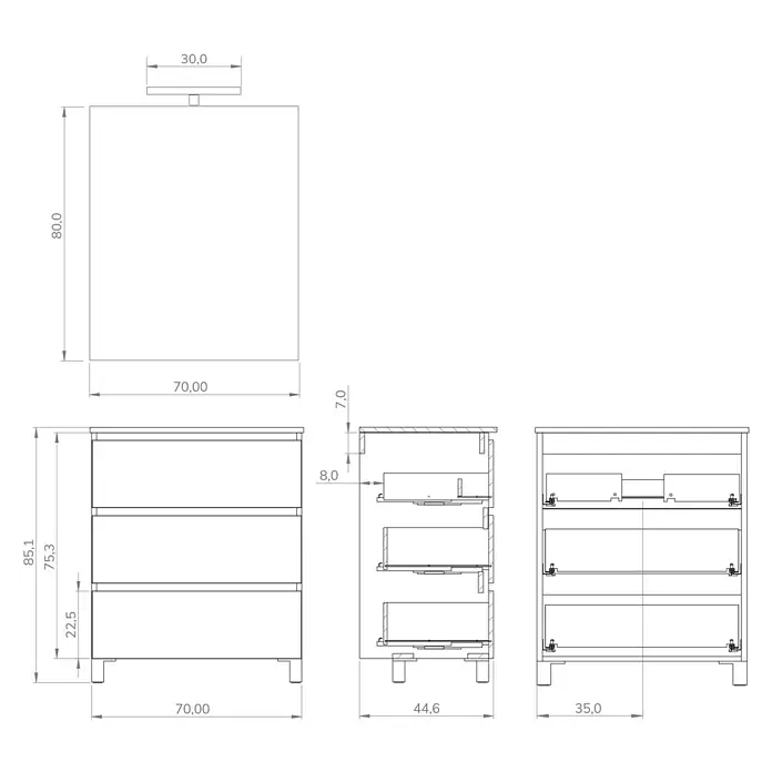 Artysan Conjunto de mueble de baño Neeko - Ancho: 70 cm, Negro, 3 pzs. - Boceto de un mueble de baño con tres cajones, vista frontal, vista lateral y vista superior del mueble con lavabo.
