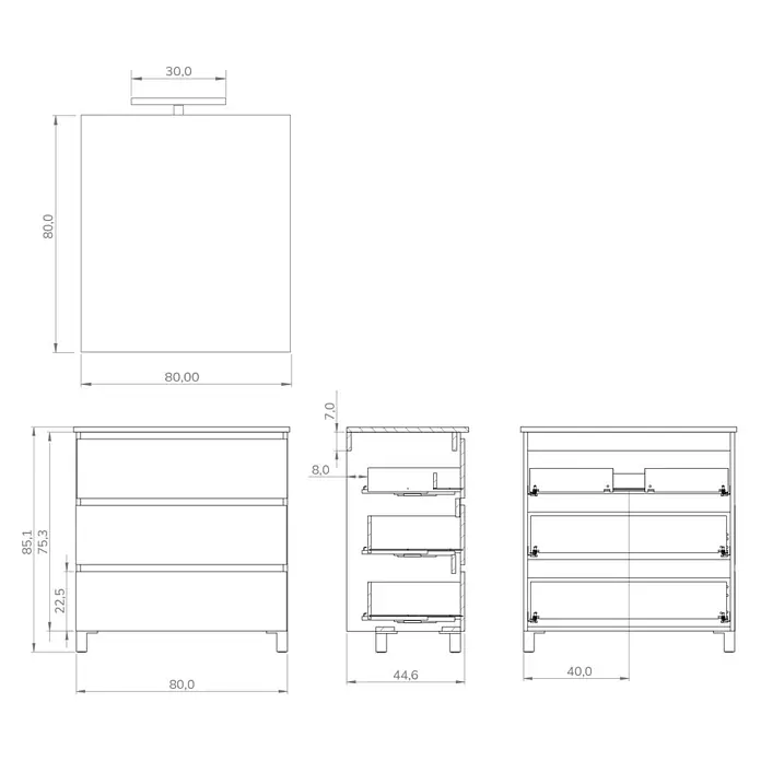 Artysan Conjunto de mueble de baño Neeko - Ancho: 80 cm, Nature, 3 pzs. - Imagen de un mueble de baño con cajones en diferentes vistas con dimensiones. El producto es de madera y tiene un diseño sencillo.