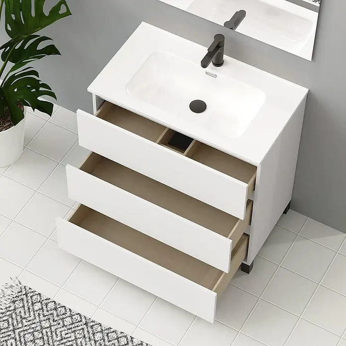 Artysan Conjunto de mueble de baño Neeko - Ancho: 90 cm, Blanco, 3 pzs. - Baño moderno con un tocador blanco de tres cajones, un lavabo y un elegante grifo oscuro.