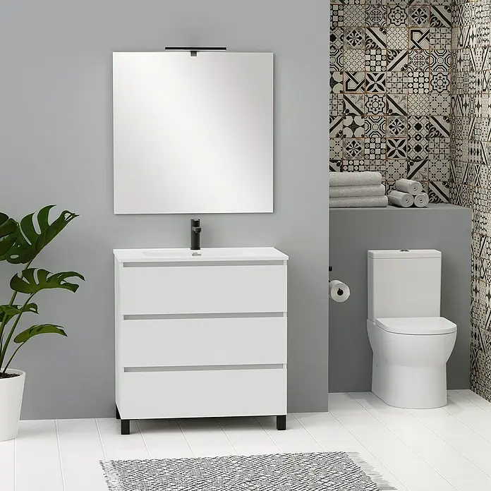 Artysan Conjunto de mueble de baño Neeko - Ancho: 90 cm, Blanco, 3 pzs. - Un baño moderno con un mueble de lavabo blanco de tres cajones y un espejo cuadrado con iluminación integrada.
