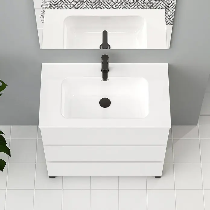Artysan Conjunto de mueble de baño Neeko - Ancho: 90 cm, Blanco, 3 pzs. - Mueble de baño blanco con tres cajones y grifo negro, complementado con un espejo que refleja el lavabo y el grifo.