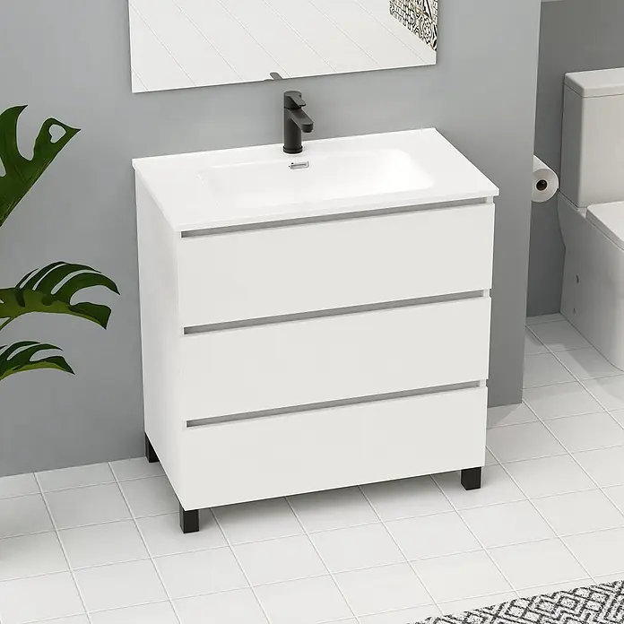 Artysan Conjunto de mueble de baño Neeko - Ancho: 90 cm, Blanco, 3 pzs. - Un moderno mueble de baño con tres cajones y un lavabo, perfecto para baños elegantes. El mueble ofrece un amplio espacio de almacenamiento.