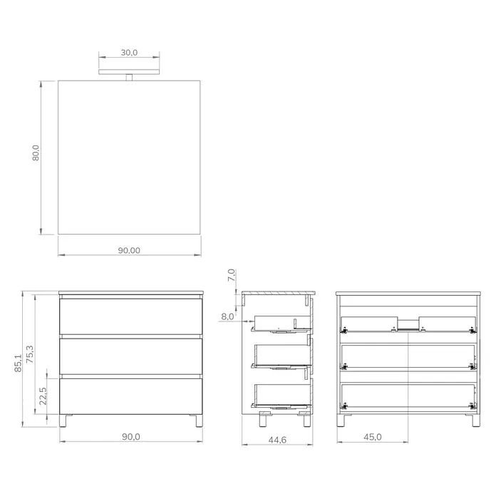 Artysan Conjunto de mueble de baño Neeko - Ancho: 90 cm, Blanco, 3 pzs. - Ilustración de un moderno mueble de baño con cajones, dibujo técnico detallado con dimensiones.