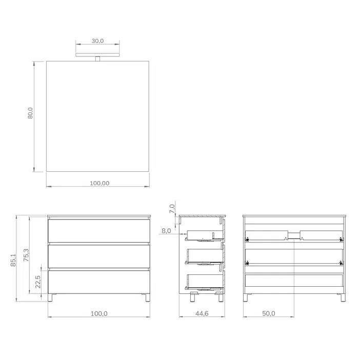 Artysan Conjunto de mueble de baño Neeko - Ancho: 100 cm, Blanco, 3 pzs. - Mueble de lavabo con cajones, vistas frontal, lateral y superior, incluidas medidas para la planificación del baño.