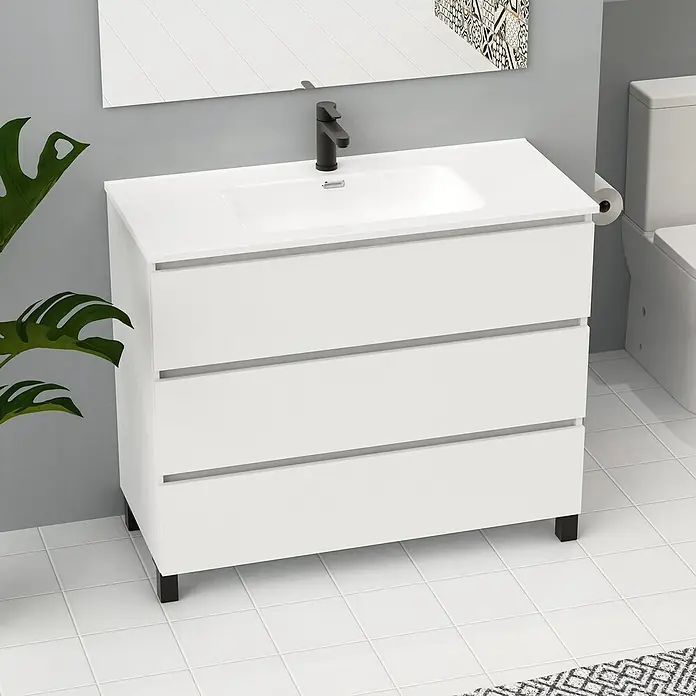 Artysan Conjunto de mueble de baño Neeko - Ancho: 100 cm, Blanco, 3 pzs. - Un moderno mueble de baño blanco con tres cajones, un lavabo integrado y grifo negro. Perfecto para cualquier estilo de baño.
