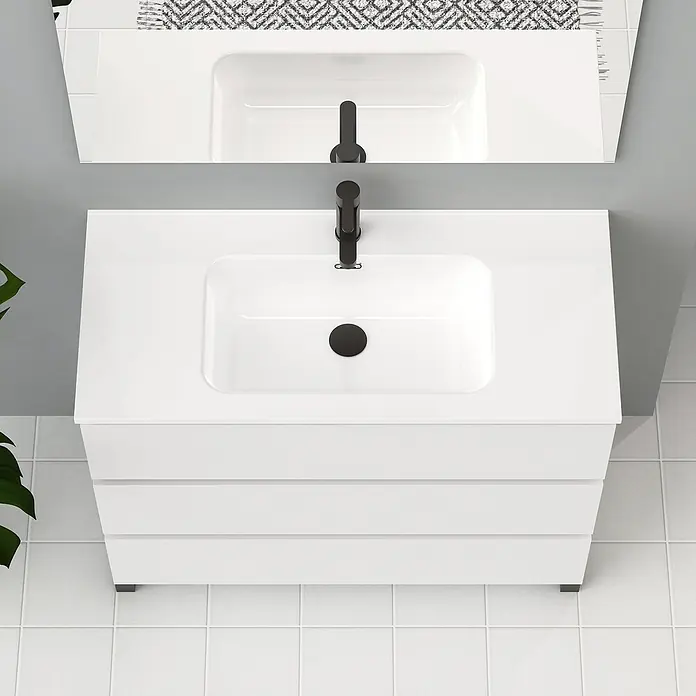 Artysan Conjunto de mueble de baño Neeko - Ancho: 100 cm, Blanco, 3 pzs. - Un tocador de baño elegante y moderno con encimera blanca y accesorios negros, ideal para diseños de baño contemporáneos.